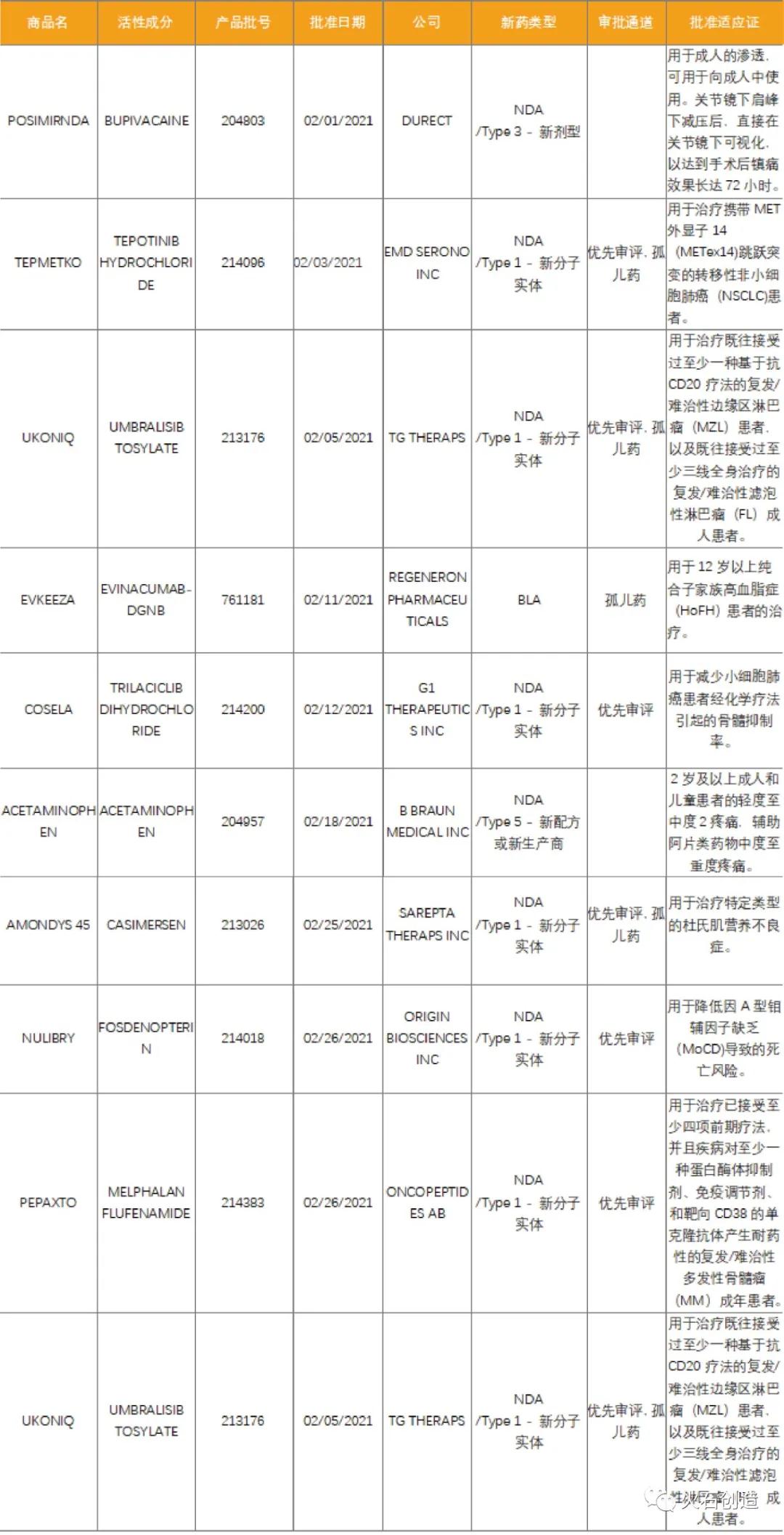 表1 2021年2月FDA批准NDABLA药物列表